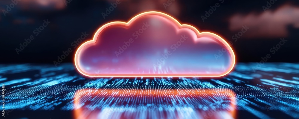 Poster Clouds server intelligent glowing system driving globalization concept. Illuminated cloud symbol over a digital tech landscape.