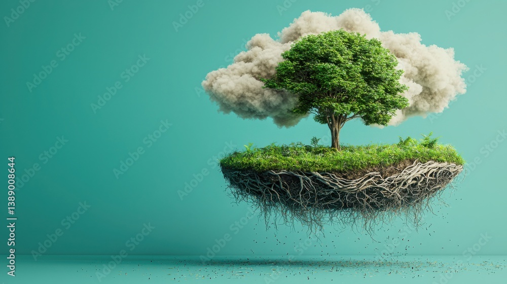 Poster enchanting scene of a tree flourishing within a cloud symbolizing harmony between nature and the ski