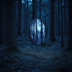 Ethereal forest reflection in oval mirror standing amidst trees capturing surreal mood and dark blue hues evoking mystery and wonder in nature photography