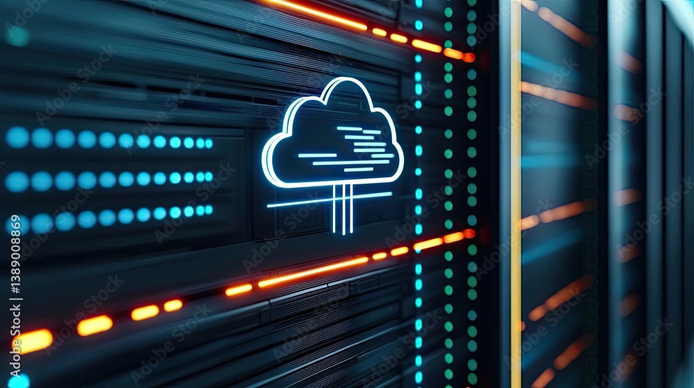 Poster cloud server intelligent innovation driving global systems concept. futuristic server room with illu