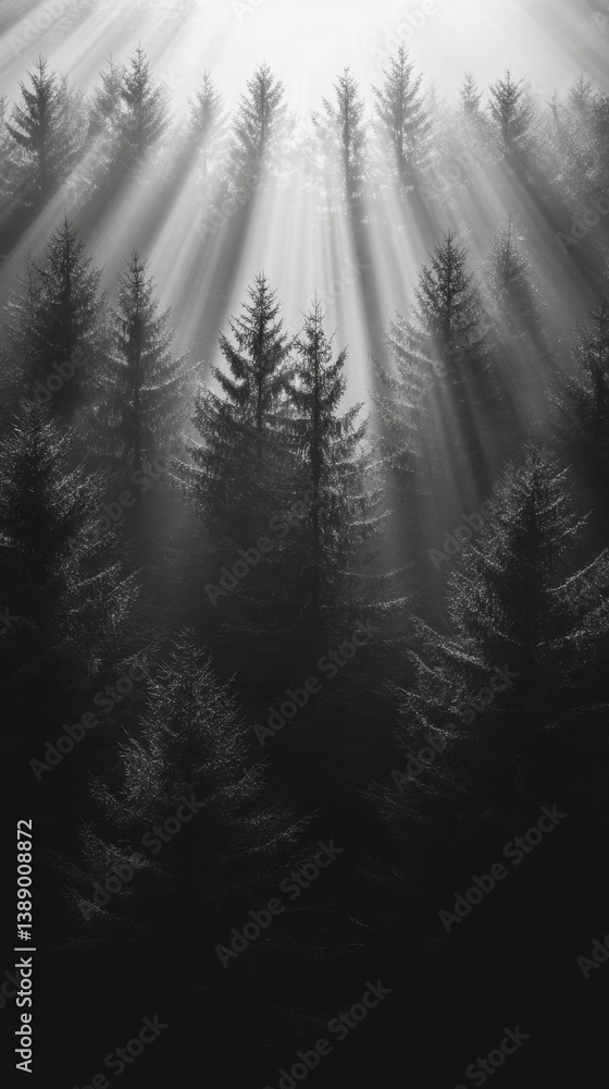 Poster Ethereal monochrome forest landscape featuring sunbeams filtering through towering pine trees creating a serene and mystical atmosphere in a natural setting