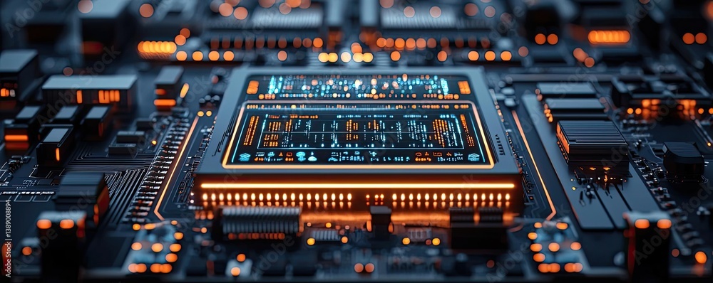 Aufkleber Cloud server intelligent innovation driving global systems concept. Close-up view of a modern microchip with vibrant circuitry.