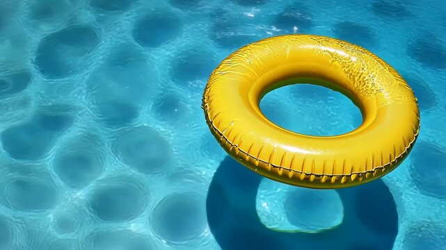 Bright yellow float ring resting in a clear blue swimming pool under sunlight during summertime relaxation