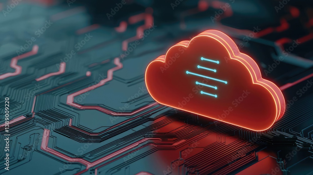 Poster Clouds server intelligent glowing system driving globalization concept. Futuristic digital cloud storage icon on a circuit board.
