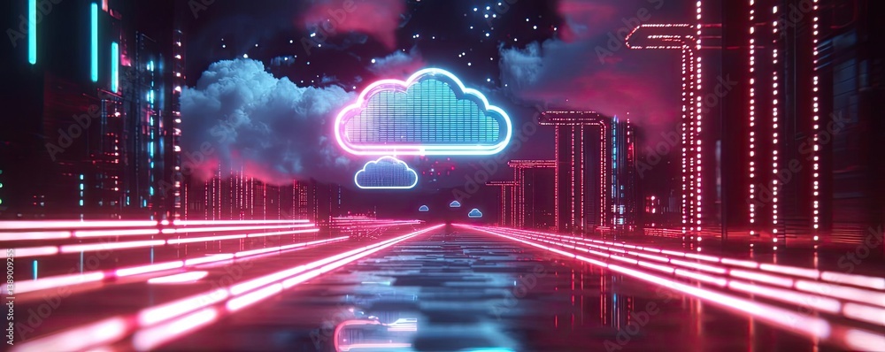 Poster clouds server intelligent glowing system driving globalization concept. futuristic cityscape with ne