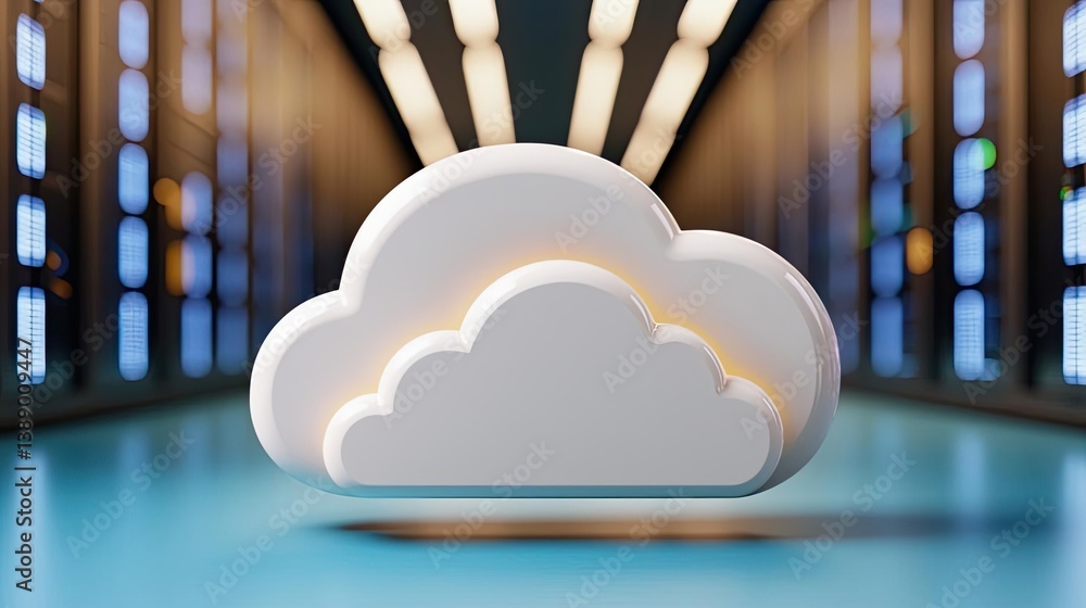 Poster Cloud server intelligent innovation for managing systems concept. 3D cloud symbol representing data storage and connectivity.