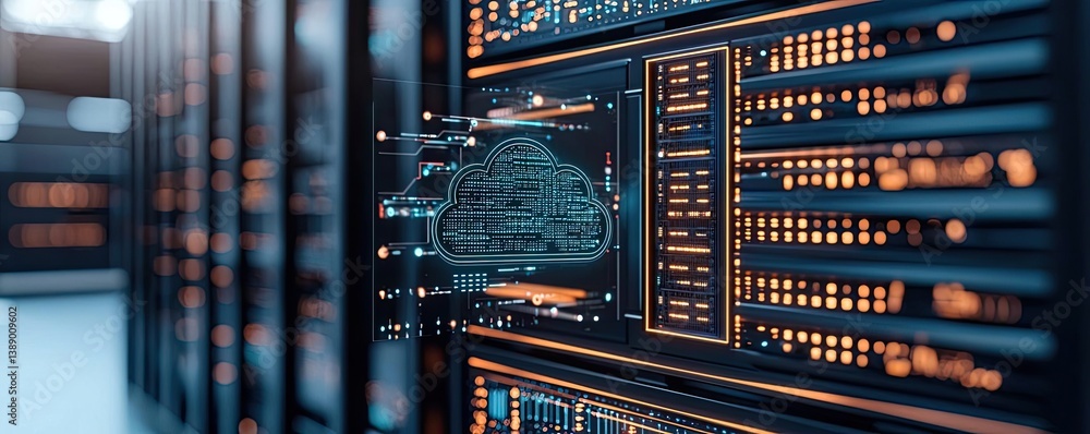 Poster Cloud server intelligent innovation driving global systems concept. Futuristic data server with cloud computing concept illustration.