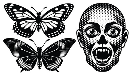 Pop Art Chaos: Grunge Y2K Collage with Halftone Eyes, Skulls & Butterflies

