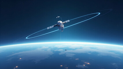 Obraz premium Modern Minimalist Wallpaper Design: Explore Low Earth Orbit Operations with Sleek Digital Graphics for Advanced Satellite Management and Innovative Tracking in Space