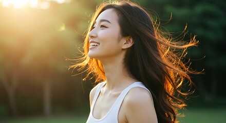 Naklejka premium A young woman's radiant smile at sunset, feeling the warmth of golden hour on her face and in her heart, hair dancing in the gentle breeze.