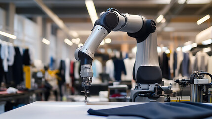 A robotic arm in an automated clothing manufacturing facility, surrounded by fabric rolls, sewing machines