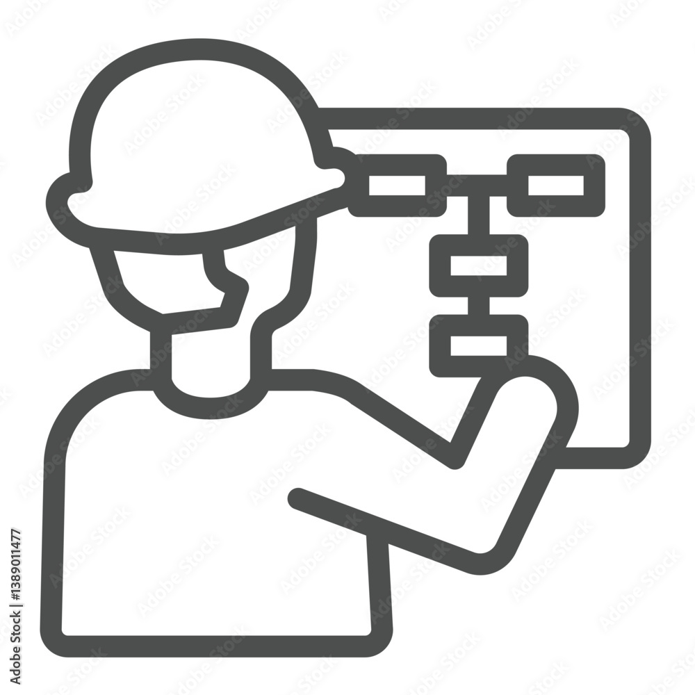 Poster builder with helmet and plan line icon, construction concept. vector graphics. man with project pape