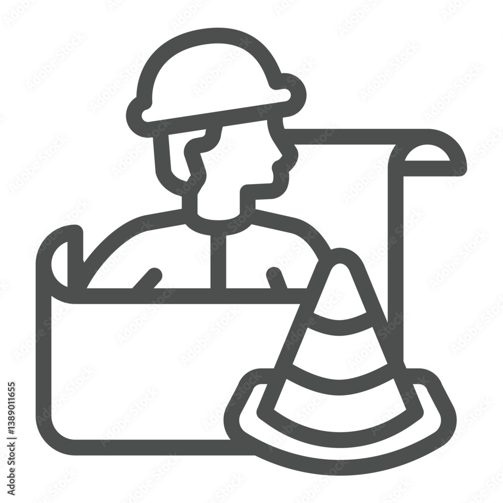 Poster engineer with projects and traffic cone line icon, making road concept. vector graphics. man with pr