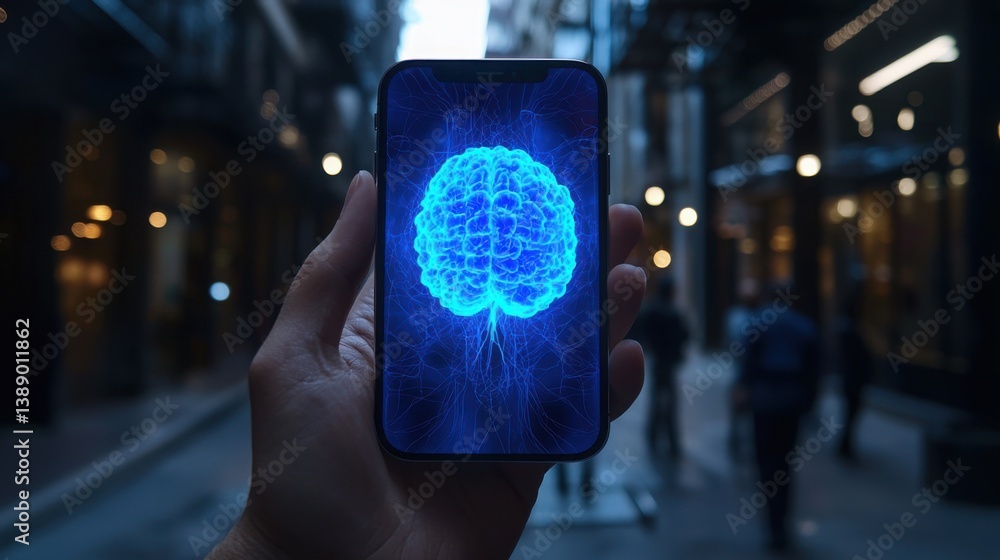 Poster a person holding a cell phone displaying an ai app icon with a neural pulse concept for technology a