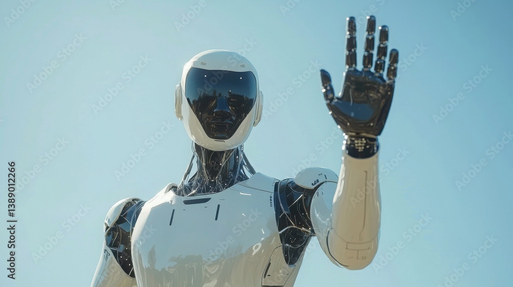 Poster ai robot hand raised in gesture of assistance signifying help and support in a digital environment