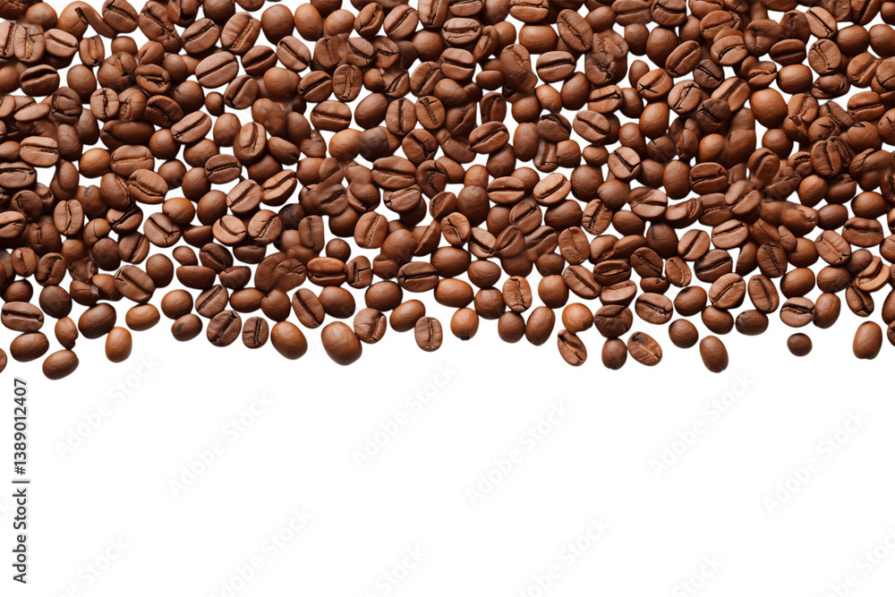Poster a top view of a pile of roasted coffee beans with a at the bottom edge on transparent background
