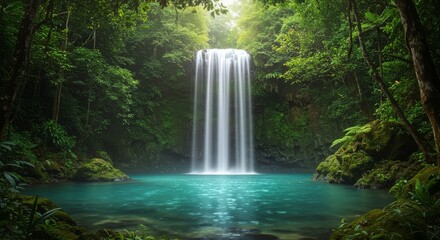 A beautiful cascading waterfall flowing into a turquoise pool