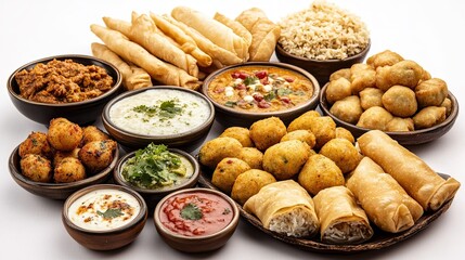 Assorted Indian foods, including curry, samosa, rolls, and pani puri, set on a white background