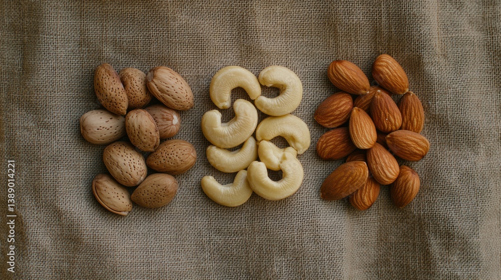 Aufkleber overhead shot of almonds cashews and almonds in shells on burlap background creates a rustic and hea