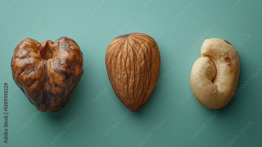 Poster three different nuts displayed in a row on a turquoise background, showcasing texture, color, and un