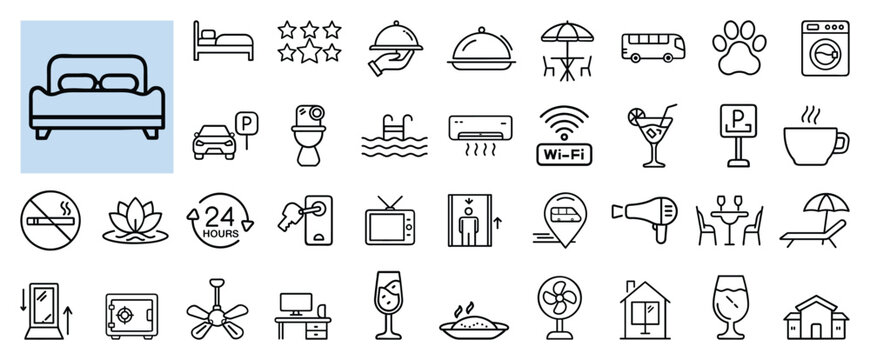 Hotel and hospitality line icons set for travel and accommodation  
