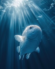 Majestic Fish Swimming in Ocean Sunlight Underwater Scene Capturing Marine Life Beauty and Serenity in Deep Blue Water with Sun Rays and Tranquil Mood