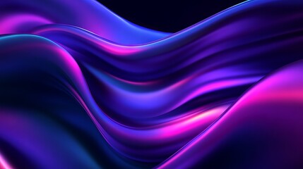 Abstract fluid holographic swirl of iridescent purple waves on a dark background, 3D rendered gradient design ideal for eye-catching posters, covers, and futuristic backgrounds.