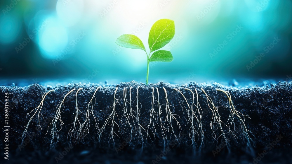 Poster plant sphing through soil with animated ai chip and root lines depicting connection to technology an