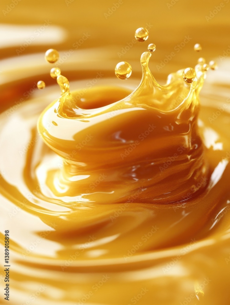 Poster golden liquid splash close up capturing dynamic movement and glossy texture in a seamless background