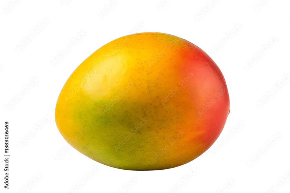 Poster close up view of a whole mango with yellow and red colors on a studio shot on transparent background