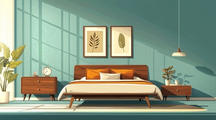 Retro-themed bedroom with mid-century furniture, earthy tones, isolated on a muted blue, vintage illustration