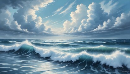 A digital painting of a seascape under a cloudy sky, rendered in a cool, monochromatic blue palette