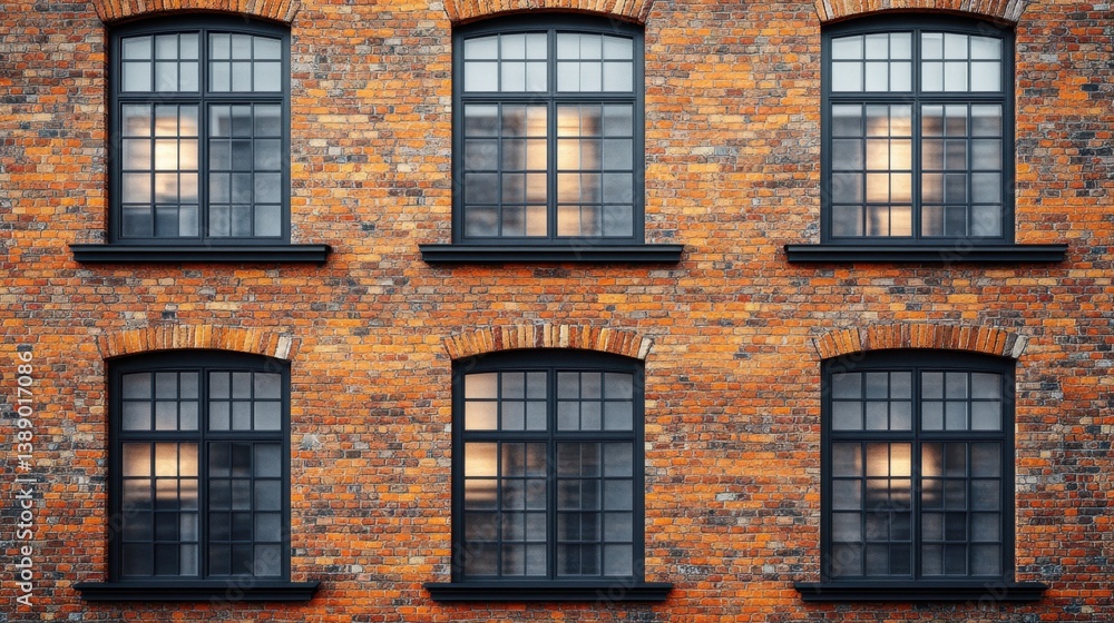 Aufkleber facade of a brick building with windows reflecting light creating a warm and inviting architectural 