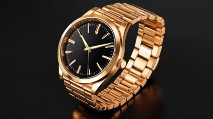 Elegant gold watch with a black dial displayed against a dark background, showcasing its design