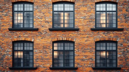 Fototapeta premium Facade of a brick building with windows reflecting light creating a warm and inviting architectural detail showcasing urban design and construction