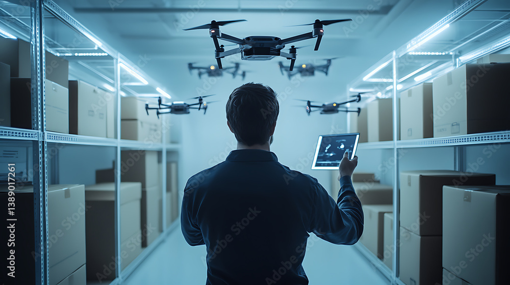 Wall mural a drone developer designing delivery drones for e commerce logistics, tech lab with drone prototypes