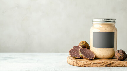 Mockup of creamy truffle butter jar with matte label and chocolate truffles on wood