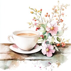 Watercolor painting depicting a teacup and floral arrangement on wood