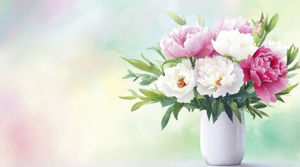 beautiful watercolor painting of bouquet featuring pink and white peonies in vase, radiating soft, serene atmosphere
