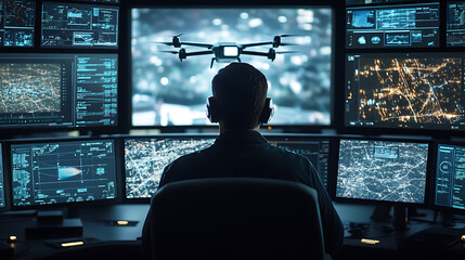 A drone operator piloting an autonomous surveillance drone inside a modern control room, real-time aerial footage displayed on digital screens, High-tech style