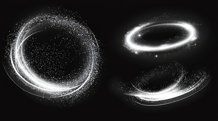 Sparkling white energy rings, emitting glowing particles, swirling motion effect, dark night sky background, high-detail vector design