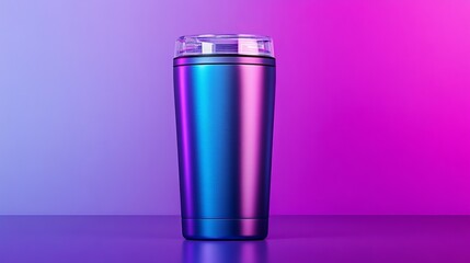 Vibrant stainless steel travel mug with a gradient finish set against a colorful backdrop