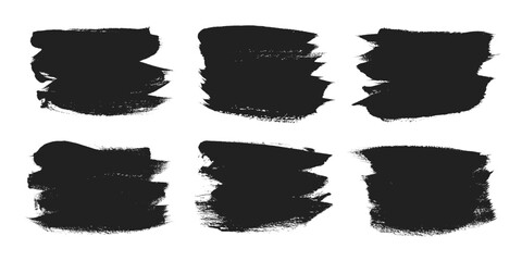 Grunge brush strokes black paint smear texture stain vector illustration set. Dry dirty calligraphy brush splashes high detail texture abstract shapes element splatters.