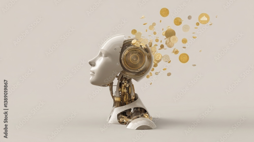Aufkleber innovative robot head with coins emitting from it representing the intersection of technology and fi