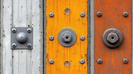 Obraz premium Metallic Fasteners on Concrete. Painted plates attached with bolted screws on textured cement wall