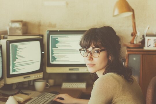 A young woman programmer works intently at her retro computer setup, focused on coding. - Powered by Adobe