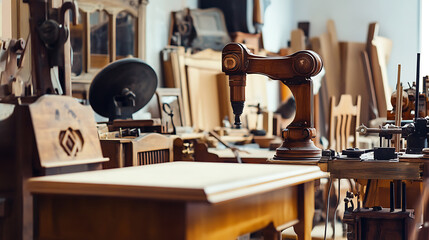 A robotic arm in an innovative furniture restoration workshop, surrounded by antique furniture pieces, wood refinishing tools