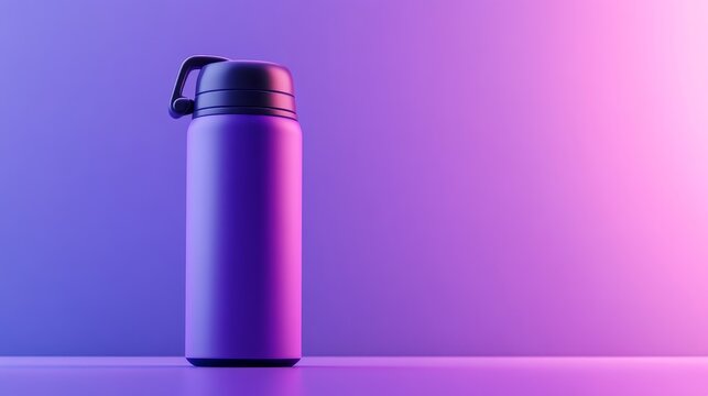 Vibrant purple and pink background showcasing a sleek stainless steel water bottle on a surface