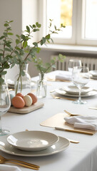 Fototapeta premium Minimalist modern Easter table with pastel eggs, gold cutlery, and Scandinavian style on marble surface