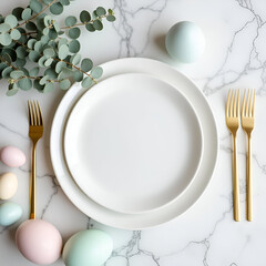 Minimalist modern Easter table with pastel eggs, gold cutlery, and Scandinavian style on marble surface